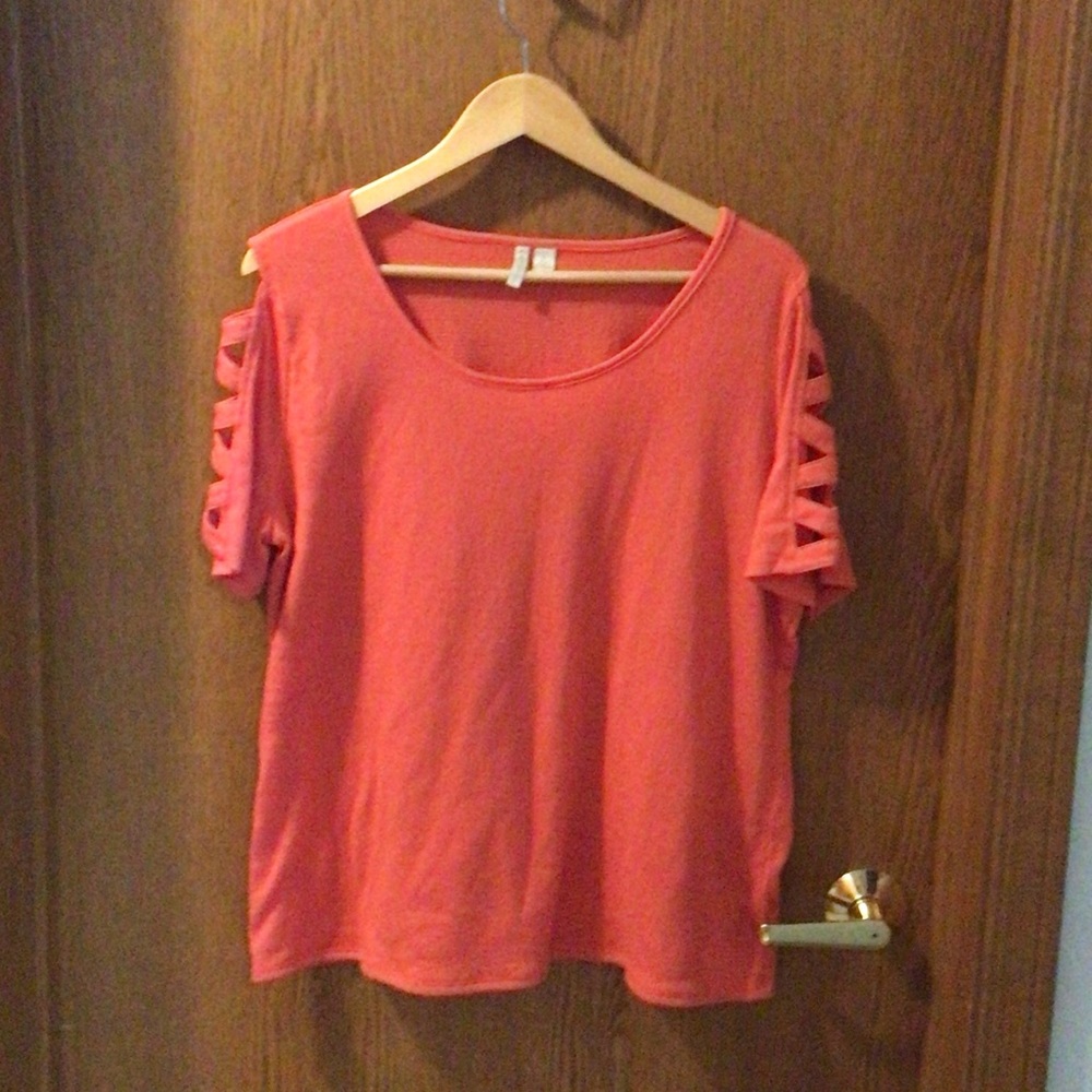 Cato Vibrant Coral Short Sleeve Top with Sleeve Cut-Outs